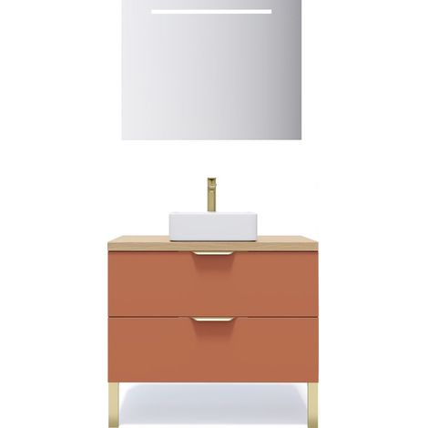 Meuble de salle de bain suspendu vasque à poser 90cm 2 tiroirs Terracotta + miroir - Venice (1/5)