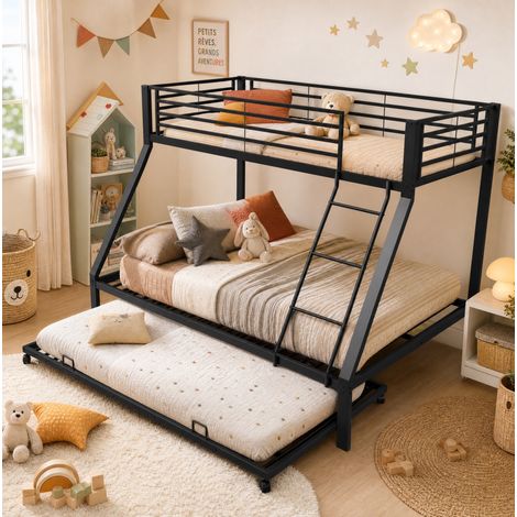 Etagenbett Metall 90x200 & 140x200 cm mit Ausziehbett 90x190cm, Familienbett bis 550kg Belastbar, 3 Schlafplätze Stockbett mit Schrägleiter & Rausfallschutz, Schwarz (1/5)