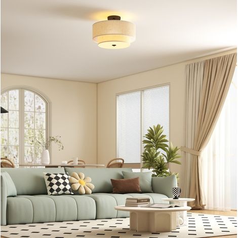Plafonnier double abat-jour effet lin Ø40 cm, blanc crème OKMYHOME (1/5)