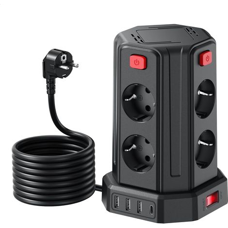 5 m Tour multiprises USB, 8 Prises CA et 4 USB, 2 500 W/10 A, avec Interrupteur pour Table, Bureau, Maison, etc (1/5)