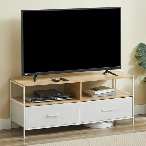CASABEL Meuble TV 120 cm, Métal Blanc et Bois, 2 Tiroirs en tissu (1/5)
