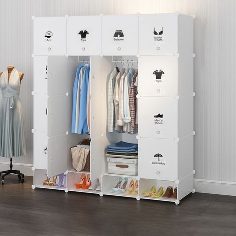Aqrau Armoire portable pour vêtements suspendus, placard combiné, étagère à chaussures, salle de rangement modulaire pour économiser de l'espace, (16 + 4-Cube)