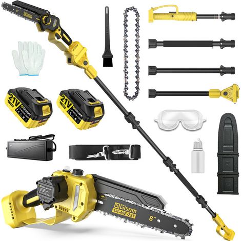 2-en-1 Tronçonneuse avec Perche Télescopique (1,4 m-2,4 m) & Mini Tronçonneuse 8 pouces,2x4000 mAh Batteries,Coupe jusqu'à 13.2 Pieds de Hauteur pour Élagage des Arbres et Jardinage