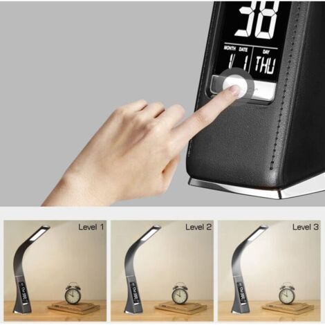 NALOOKAMIC  Lampe de Bureau Led, Lampe de Chevet Tactile avec 3 Niveaux de Luminosité, Lampe de Table LED avec Écran à Intensité Variable, Réveil, Calendrier, Affichage de la Température, Noir (1/3)
