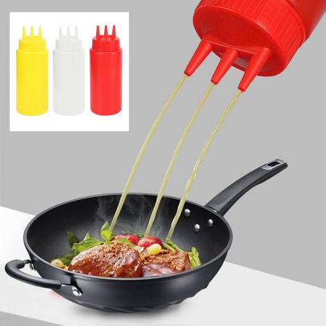 Lot de 3 flacons souples à 3 trous avec couvercle pour condiments, vinaigrettes, sauces et ketchup (1/5)