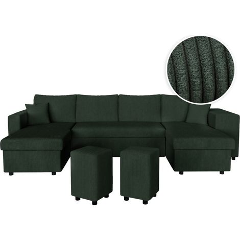 Canapé panoramique OSLO convertible avec 2 coffres, 2 poufs à droite en velours côtelé vert foncé (1/5)