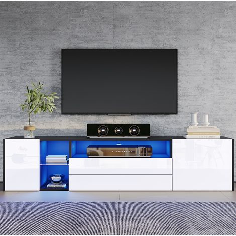 Meuble TV 180 x 40 x 45 cm noir et blanc, 2 tiroirs, 2 placards, LED, pour TV 75" (1/5)