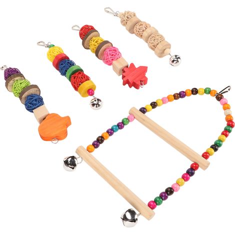 Ensemble de 5 jouets pour oiseaux : balançoire décorative colorée et non toxique avec clochettes, idéale pour les perruches calopsittes et les calopsittes. (1/5)