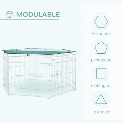Parc pour chien 6 panneaux 59x60 cm. pliable. en métal. avec porte à loquet et auvent supérieur. pour jardin. terrasse ou extérieur. couleur argent. (1/5)