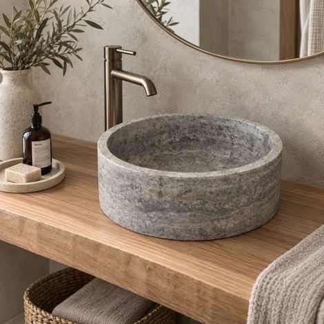 Vasque à poser ronde en pierre naturelle Travertin Gris 40x13 cm - À l'unité - Ti'ma Stone (1/3)