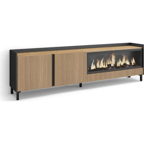 Skraut Home - Mueble TV, Televisión, Muebles de salón, almacenaje, 212x35x61cm, Para TV hasta 80", Chimenea eléctrica XXL, Diseño industrial, Estilo Moderno, Roble y negro (1/5)