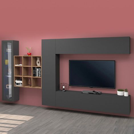 Mueble de TV mural con mueble frontal de cristal antracita y estantería moderna, Femir RT (1/5)