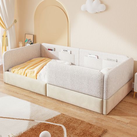 Cama juvenil tapizada con barrera y bolsillos blanca HAVRYA (1/5)