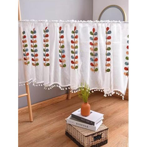 1 pce Valance de fenêtre à motif feuille avec décor de pompons modernes, Valance de rideau pour salon, chambre, cuisine, décoration intérieure 60150cm (1/5)