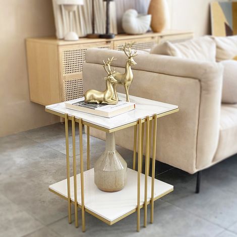 Mesa Auxiliar de Mármol Mesita de Café Dorado de Estilo Nórdica para Salón Dormitorio Balcón, Dorado