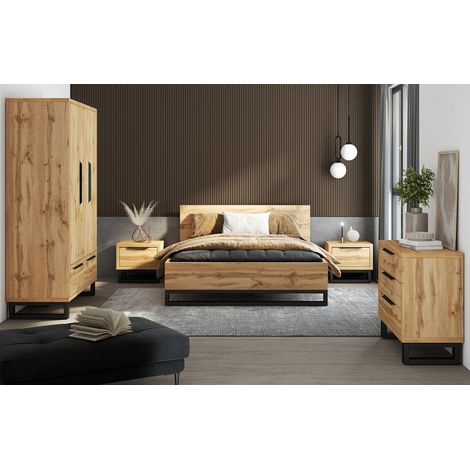 Vollständiges Industriestil Schlafzimmer Set MILOS Kollektion: Kleiderschrank mit 3 Türen, Bett 160x200, Kommode, Nachttische, rohe Eiche und schwarz