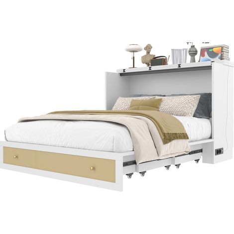 CAIziLit armoire blanc 140x200cm tiroirs étagère prise USB sans matelas