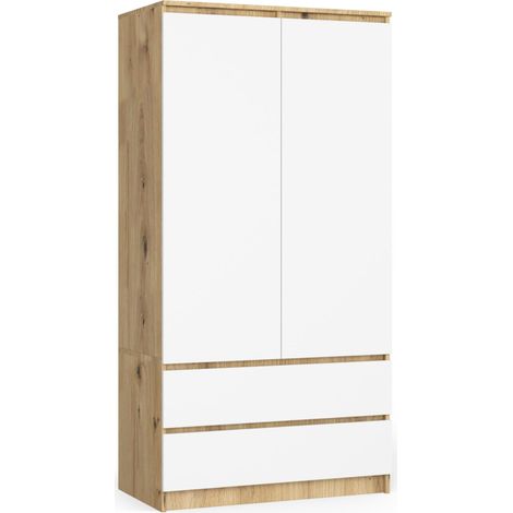 Armario AKORD S90 Roble Artisan 90 cm 2 puertas 2 cajones frente en color Blanco 4 estantes 90x51x180 cm (1/5)