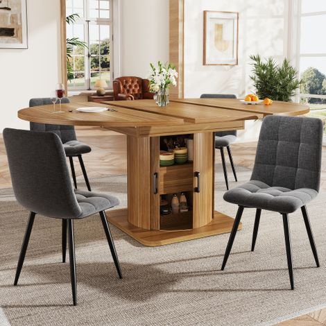 Table ronde extensible aspect bois veiné MDF rangement colonne centrale lot 4 chaises tissu gris matelassées ensemble repas 4 à 6 personnes charge 75kg (1/5)