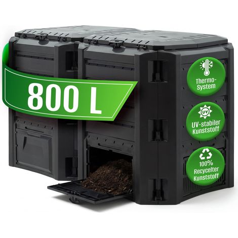 DEUBA® Composteur de jardin plastique noir transformateur de déchets couvercle et trappe d’extraction bac à compost 800 litres