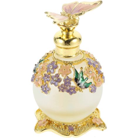 Un flacon de parfum vide, flacon de rangement pour parfum en verre et métal violet, idéal pour la décoration intérieure. (1/5)