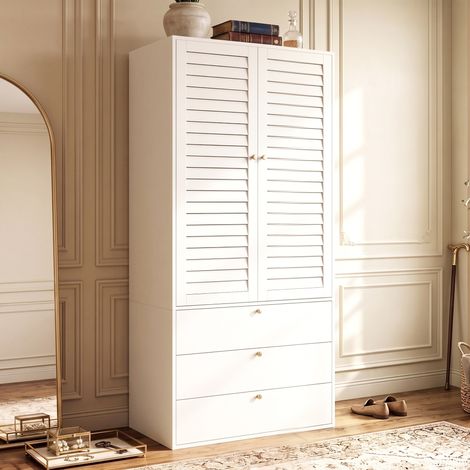 Armoire de chambre 2 portes, avec portes persiennes blanches et 3 tiroirs, penderie de rangement, Armoire vetement, por chambre enfant moderne