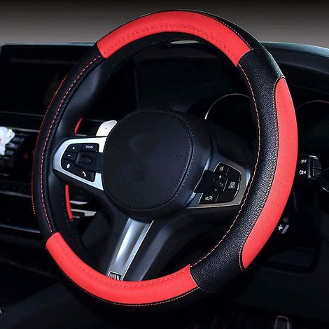 Leder-Lenkradbezug (Schwarz-Rot), universeller 38-cm-Lenkradbezug, weich, atmungsaktiv, gebogener Sportlenkradschutz (1/5)