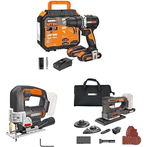 PACK Perceuse visseuse sans fil 20V 60Nm WX102 + Scie sauteuse WX543.9 + Ponceuse multifonction 5 en 1 WX820.9, livrée avec 2 batteries 2Ah et chargeur rapide