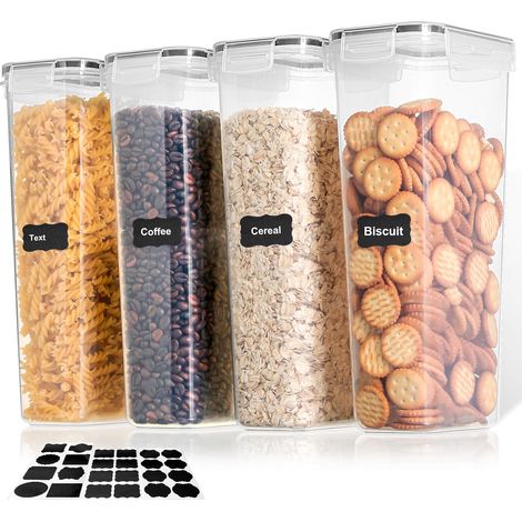 4 recipientes de plástico herméticos de 2,8 L sin BPA + etiquetas, almacenamiento de cocina para cereales, pasta, harina, alimentos secos. (1/5)