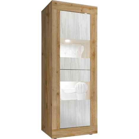 Vitrine 2 portes aspect bois finition Cadiz façades blanc texturées et verre avec Leds - OTELLO