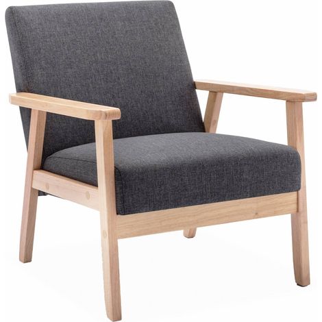 Fauteuil scandinave en bois et tissu gris foncé. Isak. L 64 x P 69.5 x H 73cm