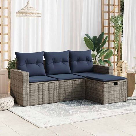 Canapé de Jardin 4 Places en Résine Tressée Gris avec Coussins Bleu Marine - Ensemble Salon Extérieur Modulable avec Rangement et Table Basse (1/5)