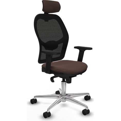 Jorquera sincro malla negra similpiel marrón oscuro brazos 2D base aluminio cabecero 2D ruedas 65mm nailon (1/5)