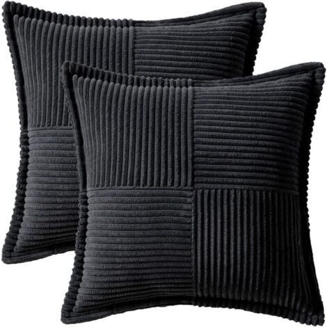 Decorative Cushion Covers for Sofa Bed Living Room, 40x40cm, Set of 2, Black Decorative Throw Pillows, Bohemian Style, Soft Corduroy Side Striped Pillowcases (1/5)