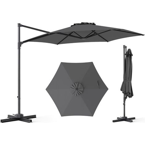 3M Parasol Déporté Rotatif 360° Protection Solaire avec Pied en Croix Toile Grise pour Jardin et Piscine (1/5)