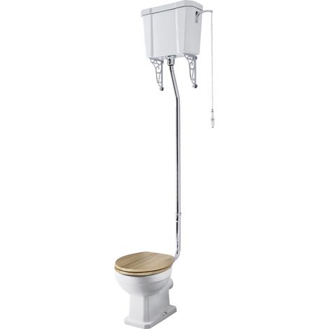 Milano Richmond White Ceramic Close Coupled Bathroom Toilet Pan WC and High Level Cistern with Oak Effect Seat (1/4)
