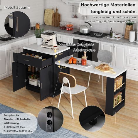 Îlot de cuisine avec table extensible pour 4-6 personnes, table bicolore, prise électrique, armoire de rangement, 2 tiroirs, 2 étagères latérales ouvertes (1/5)