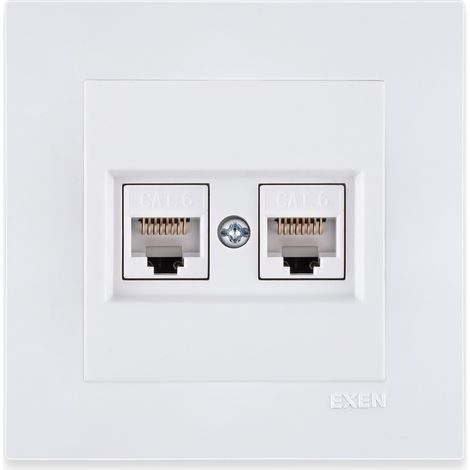 Prise RJ45 double catégorie 6 blanc – ensemble complet avec plaque – 254/01E EXEN (1/3)