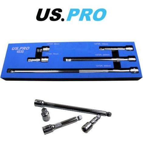 US PRO Tools 5pc 1/2" dr Wobble Extension Bars Set 50, 75, 125, 250 & 450mm 4030 (1/4)