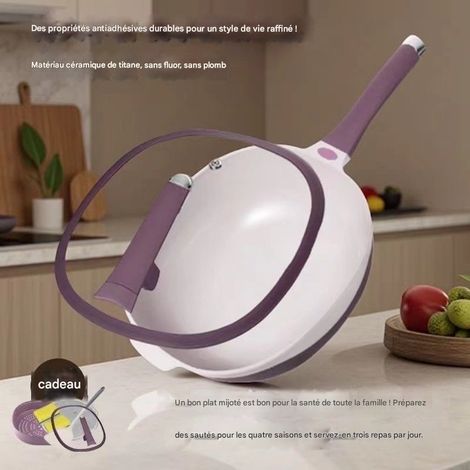Coffret 6 woks céramique titane violet taro, antiadhésif, compatible induction/gaz, avec accessoires (1/5)