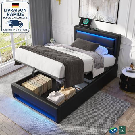 Lit coffre 90x200cm, sans matelas, lit adulte, simili cuir, lit simple LED, noir (1/5)