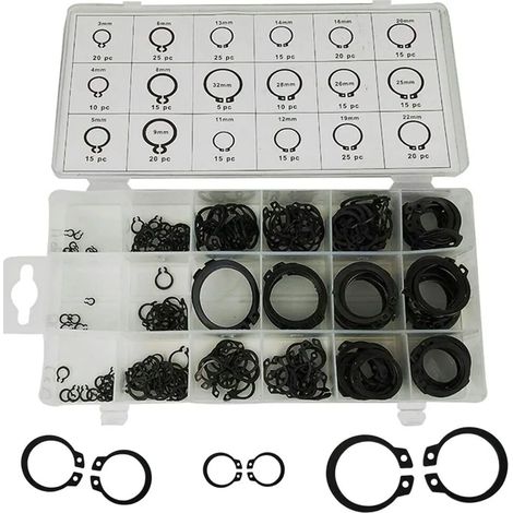 Coffret de Assortiment de Anneaux de Retenue, 300 Pièces, 18 Tailles, Anneau de Retenue, Kit de Assortiment d'Anneaux de Retenue, pour Anneau de Retenue avec Boîte Noire (3 mm–22 mm) (1/5)