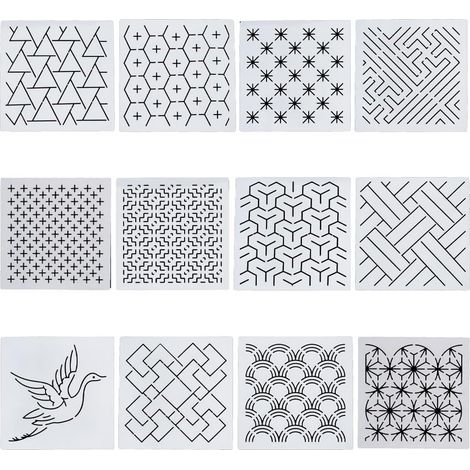 12 Stencils, Geometric Patterns, Acrylic 14x14cm, Sashiko, Sewing, Various Fabrics (1/5)