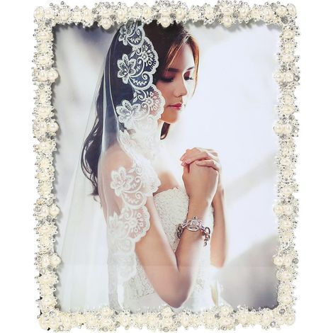 Cadre photo de 20,3 x 25,4 cm avec perle pour mariage, cadre photo plaqué argent avec cadre en verre avec strass, cadre photo de 20,3 x 25,4 cm pour cadeau de mariage, affichage sur (1/5)