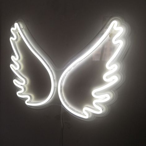 Applique murale décorative à LED néon, ailes blanches, dimensions 45 x 34 x 2 cm, fixation murale, pièce unique pour décoration intérieure et ambiance lumineuse