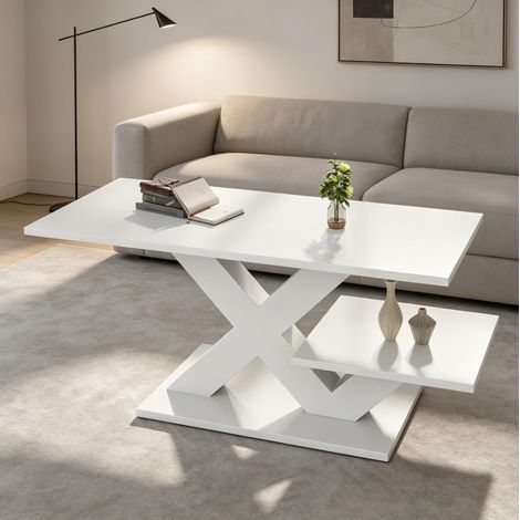 Mesa de Centro Rectangular con Doble Tablero y Patas en X, Acabado Brillo, para Salón, MDF, Blanco, 100 × 48 × 45 cm (1/5)
