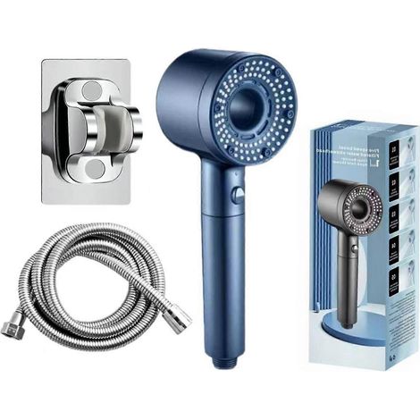 Pommeau de douche haute pression à 5 jets – Débit d'eau puissant, réglage facile par simple pression d'un bouton – Accessoires de salle de bain innovants et faciles à installer – Bleu (1/3)
