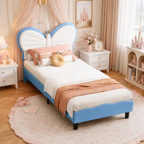 Lit simple 90×190cm, lampe de lecture LED, lit capitonné, tête de lit papillon, lit enfant, hauteur de tête de lit réglable, style moderne, Sommier à lattes, lit ado, Velours, Bleu (1/5)