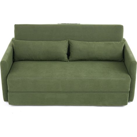 ELVMI Schlafsofa 2-Sitzer Klappbar mit Seitentaschen und 2 Lendenkissen, aus Cordstoff Grün (1/5)
