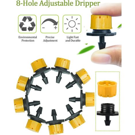200Pcs 1/4" Goutteur Irrigation, Goutteurs réglables d'irrigation arrosage Goutte à Goutte pour Plante Jardin Serre Potager Gazon, Jaune